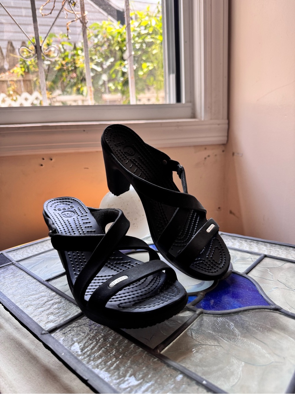 CROCS Black Chunky Heel Slide Sandals